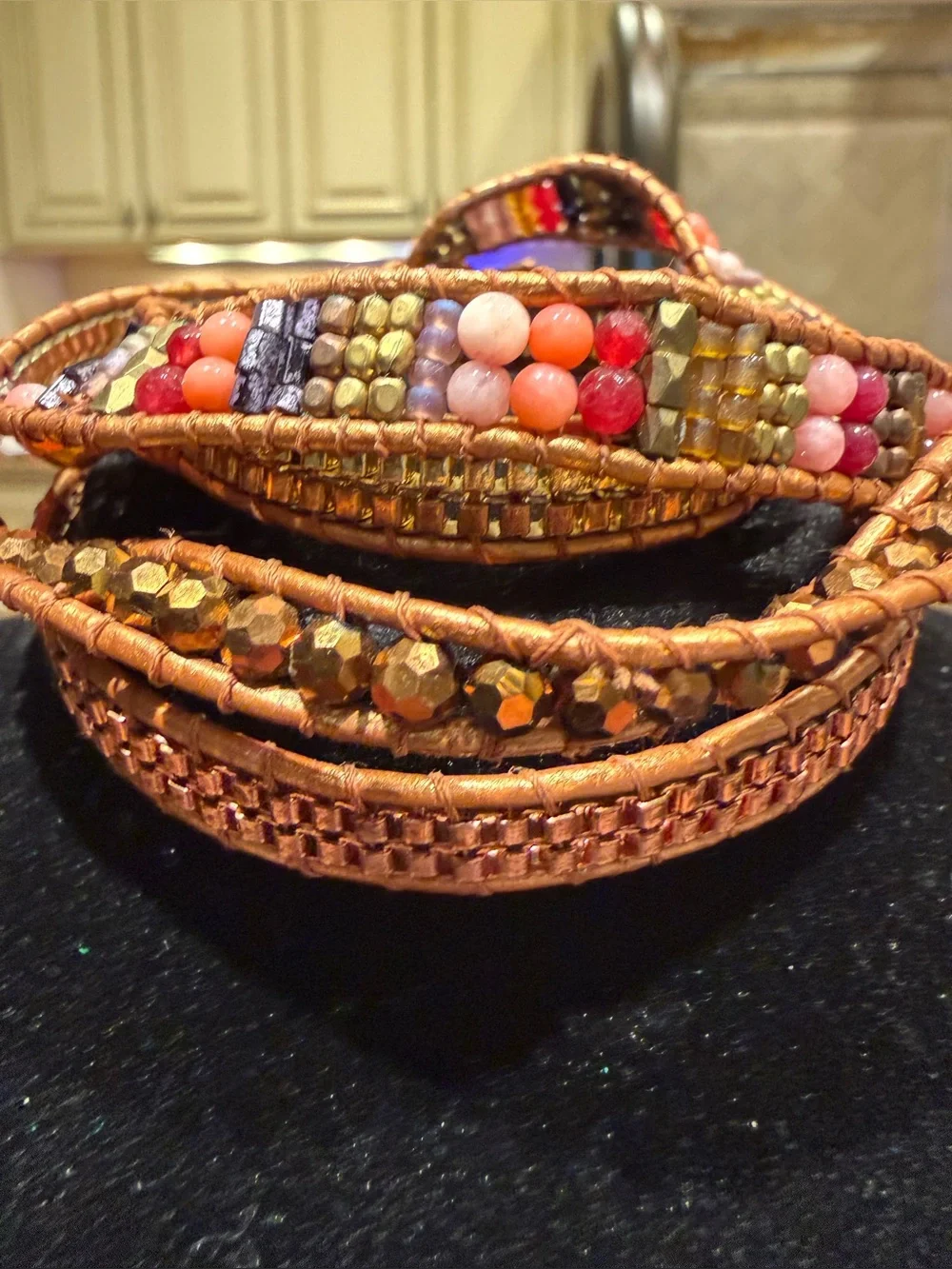 Chan Luu Copper Wrap Bracelet Pink Coral Gold Beaded Multi Strand